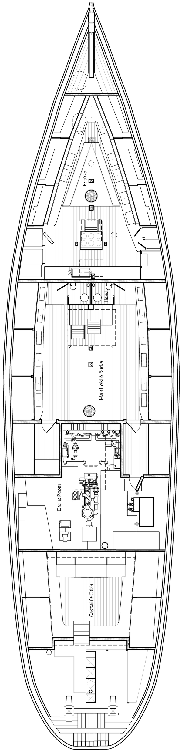 Measured drawing: the lower deck of a fishing schooner seen from above, bow uppermost. Bulkheads divide the forecastle, main hold, engine room and captain's cabin, with the framing drawn along both sides of the hull.