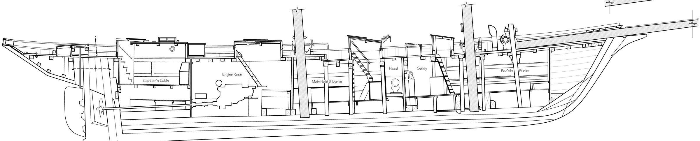 Measured drawing: a fishing schooner cut open lengthways, showing the captain's cabin, engine room, main hold, galley and forecastle between bulkheads, with the masts, keel and framing recorded as built.